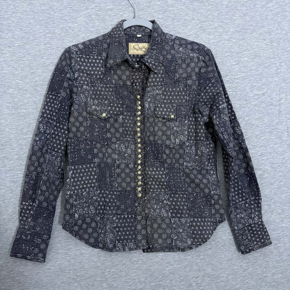 Scully Women's XS Western Pearl Snap Shirt Patchwork Bandana Paisley Black Grey